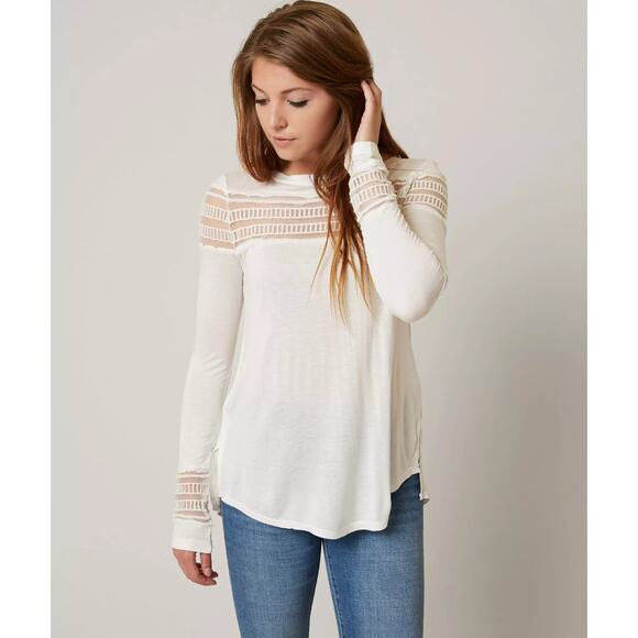 Free People Women's Black Mesh Insert Roxie Long Sleeve Hi-Low Top, Size M, GUC - Picture 3 of 10